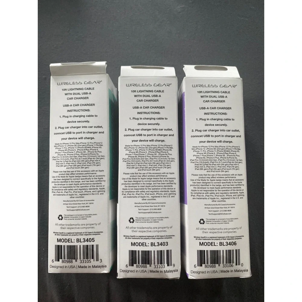 Wireless Gear 10ft LightningCable DualUSB Car Charger Lot of 3 Purple White Teal